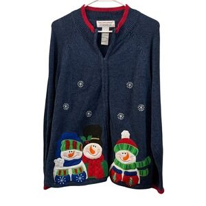 Tiara‎ International Vintage Christmas Navy Blue Snowman Zip Up Sweater XL